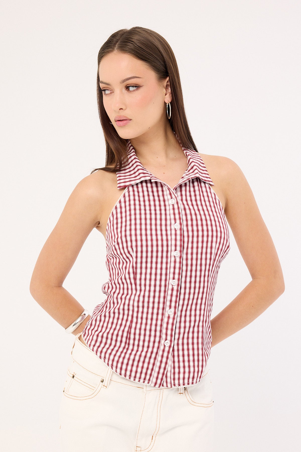 Luck & Trouble Marie Sleeveless Button Up Blouse Burgundy Check