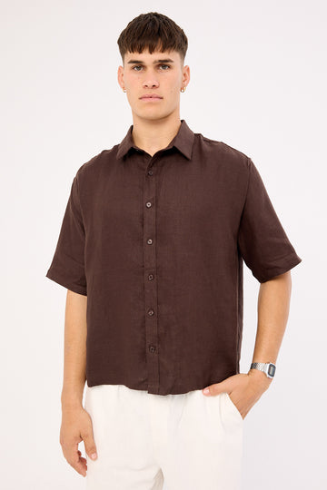 Common Need Oasis Boxy Cropped Linen Shirt Dark Brown