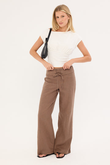 Perfect Stranger Abby Linen Mid Rise Pants Taupe