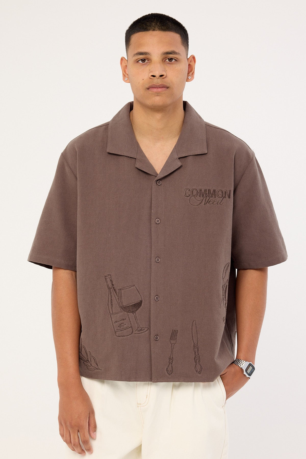 Common Need Alfresco Boxy Cropped Resort Shirt Brown