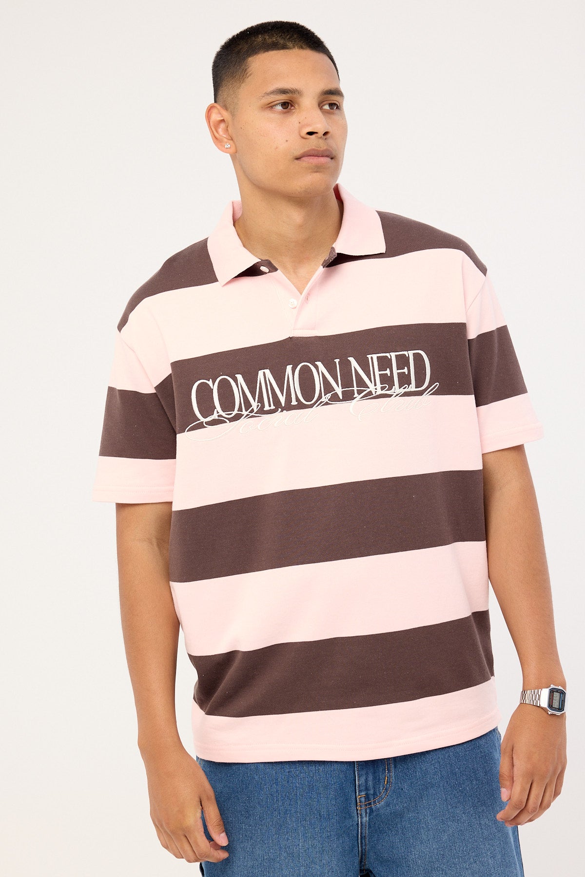 Common Need Jake Short Sleeve Rugby Polo Brown/Pink Stripe