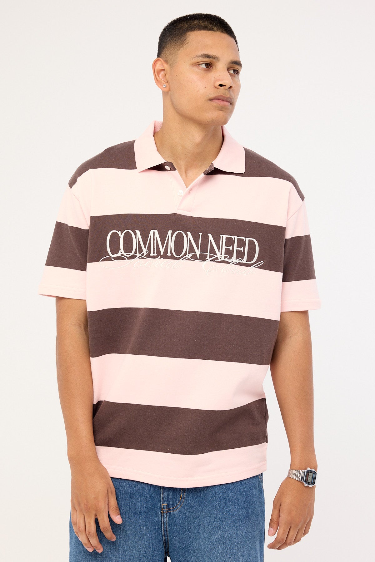 Common Need Jake Short Sleeve Rugby Polo Brown/Pink Stripe