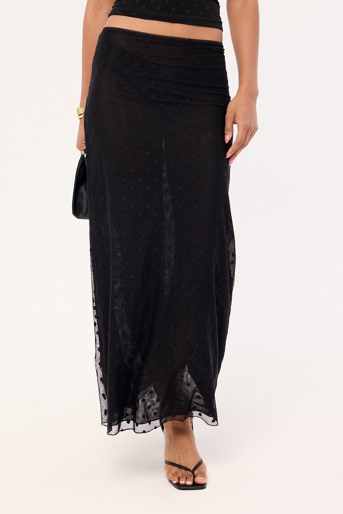 Luck & Trouble Bowie Sheer Polka Maxi Skirt Black