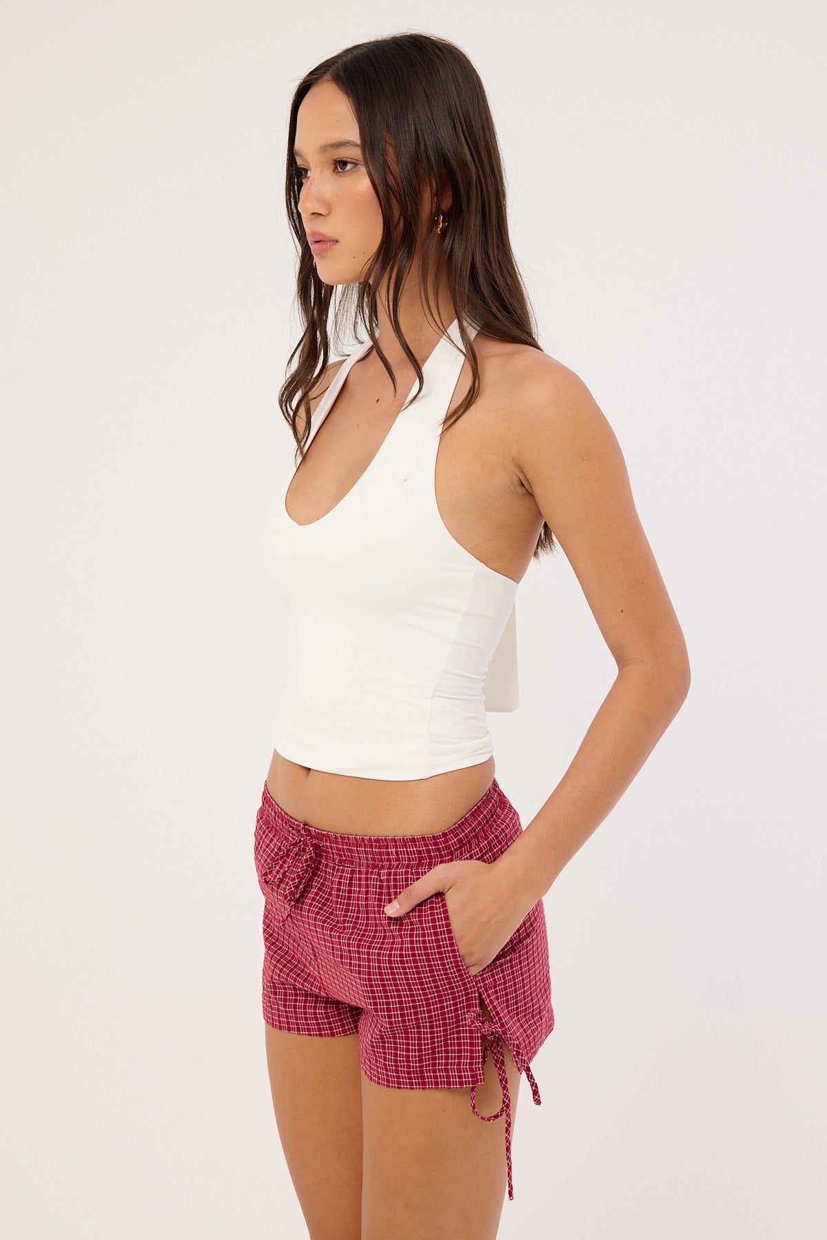 Luck & Trouble Andie Elasticated Tie Short Burgundy Check