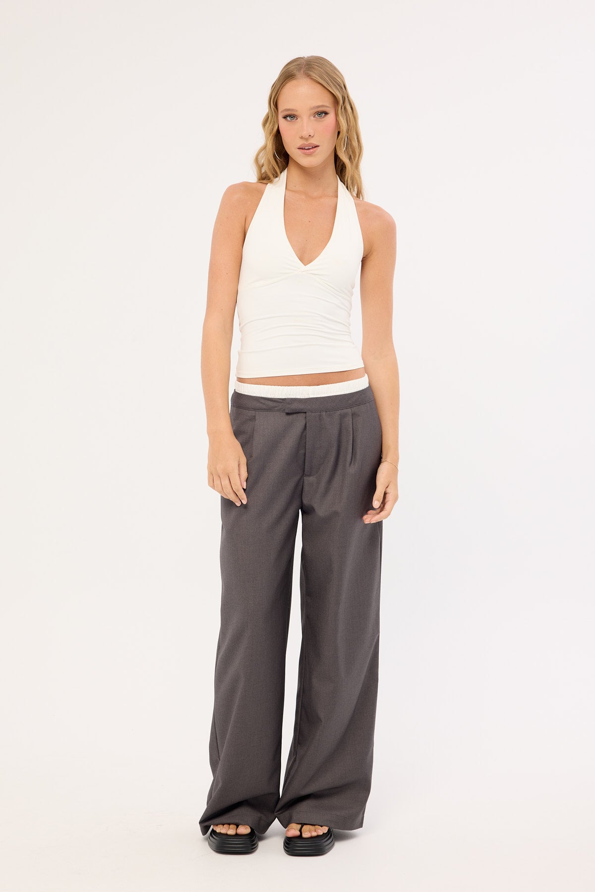Luck & Trouble Double Waistband Straight Leg Pant Grey