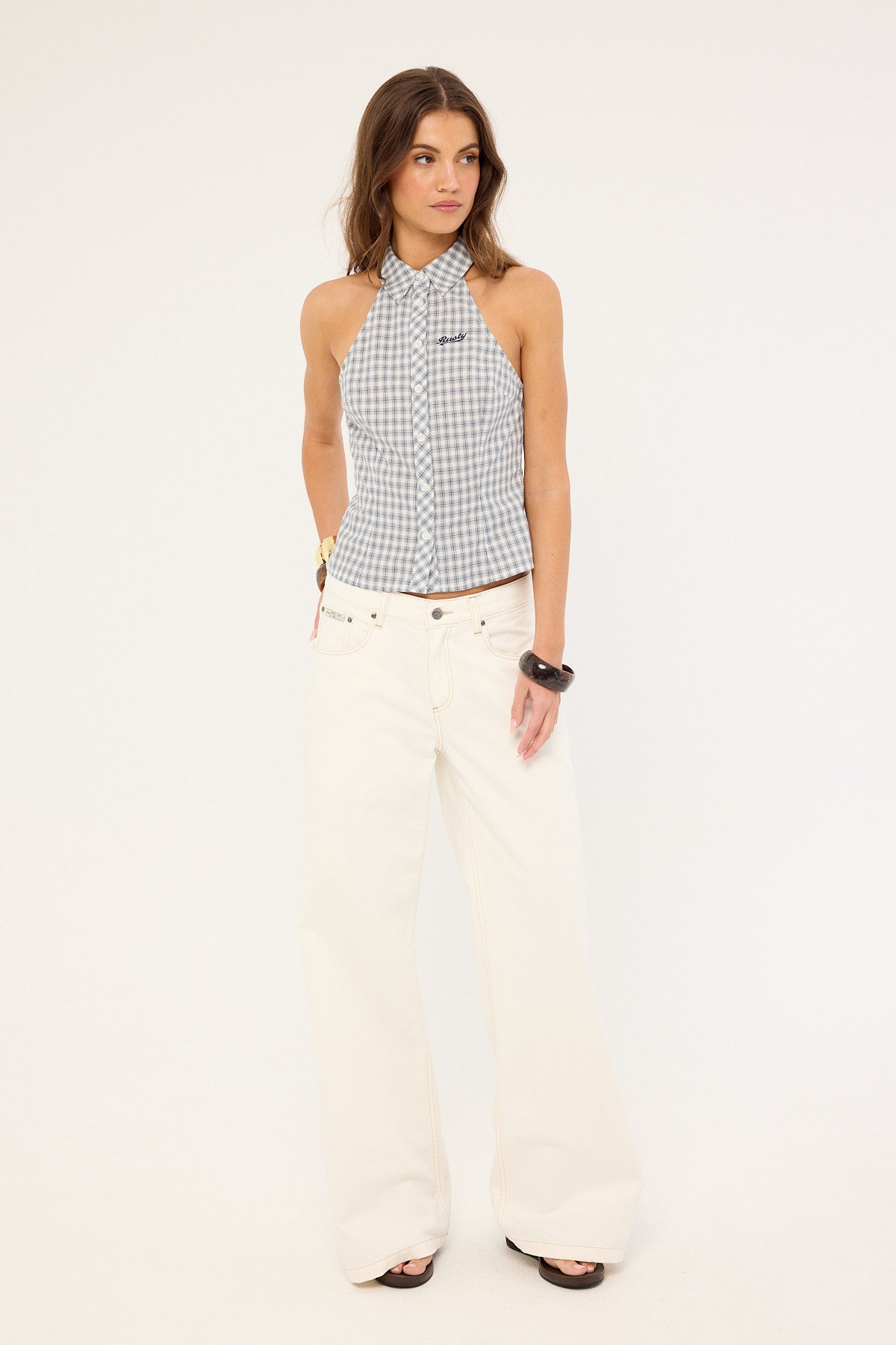 Rusty Missy May Sleeveless Check Shirt Egret Blue Check