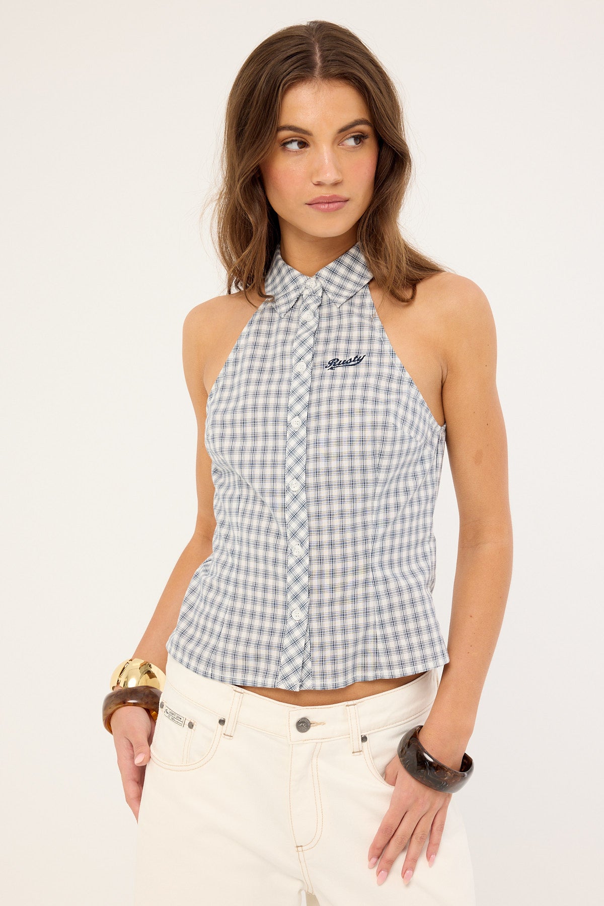 Rusty Missy May Sleeveless Check Shirt Egret Blue Check