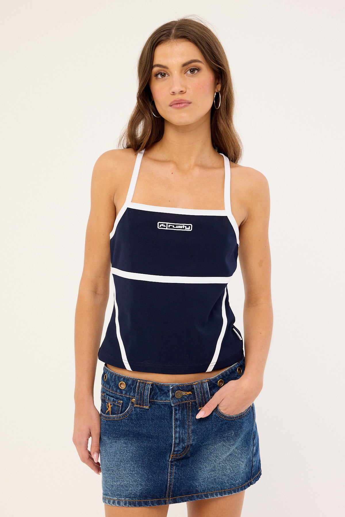 Rusty Demi Queen Fitted Top Navy Blue &amp; White