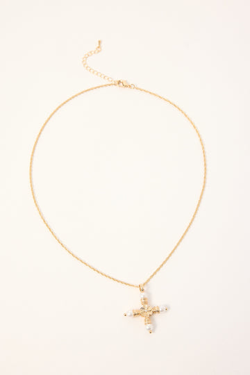 Token Pearl Cross Necklace Gold
