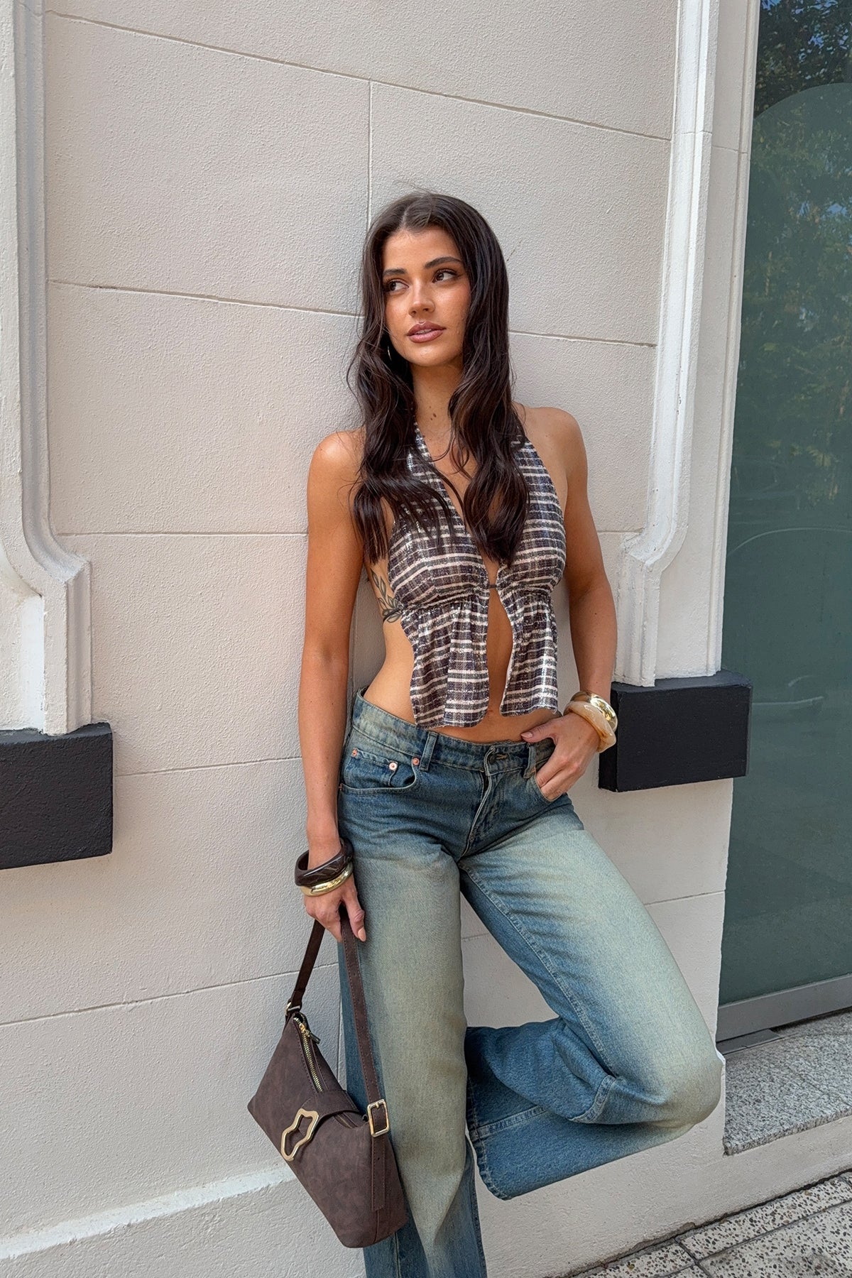 Motel Ramilo Top Sequin Vintage Check Brown