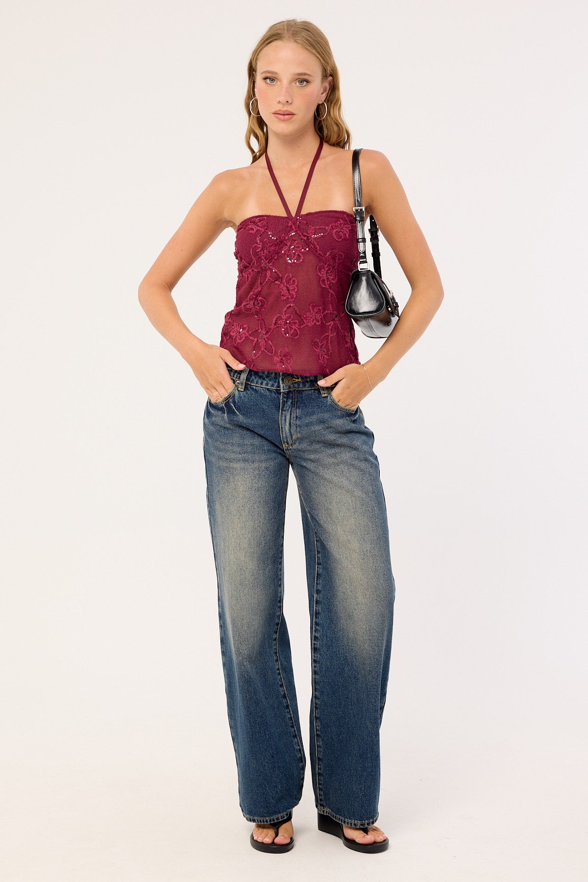 Motel Ruwi Halter Top Sequin Knit Burgundy