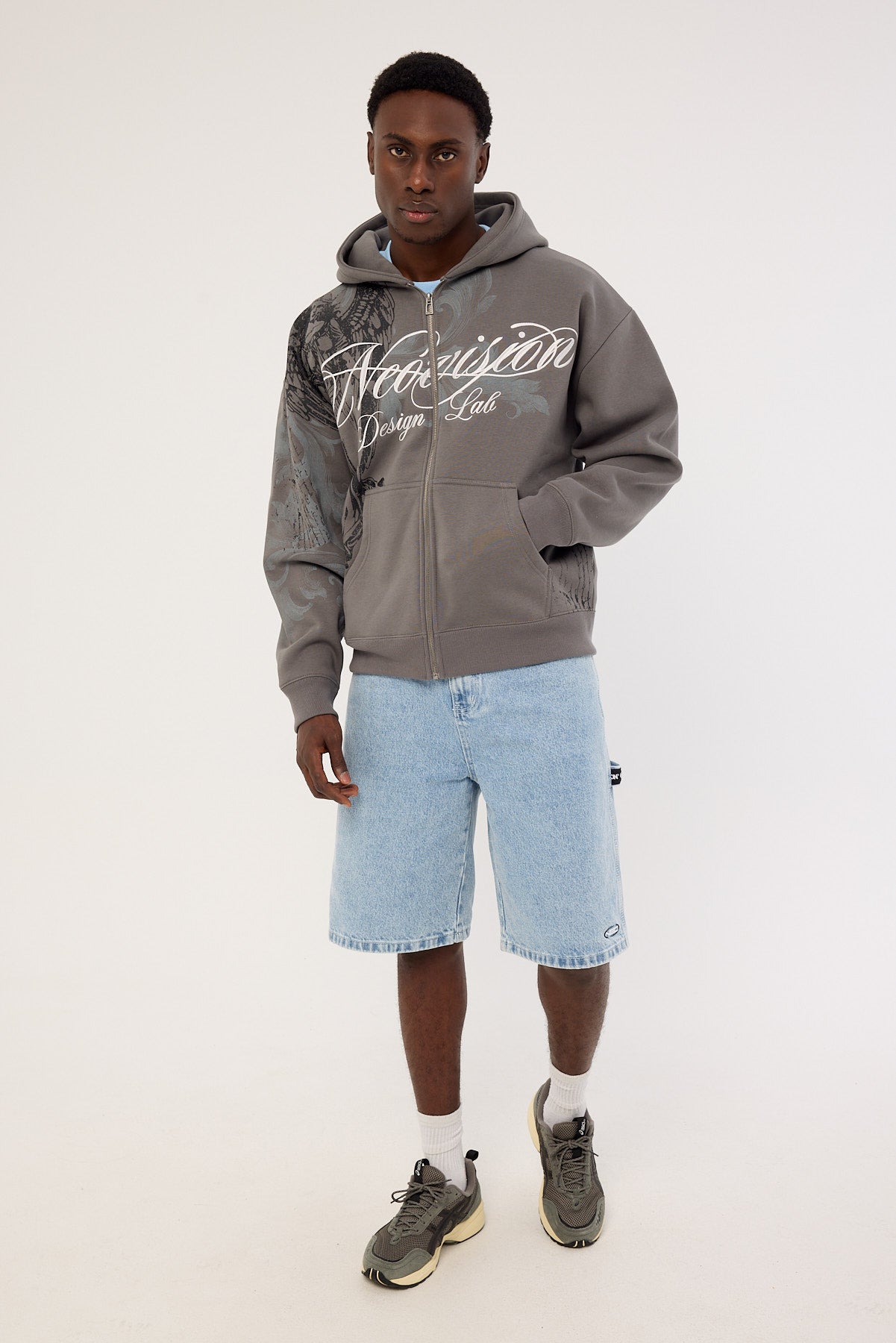 Neovision Seraph Zip Through Cropped Street Hoodie Smoke Grey