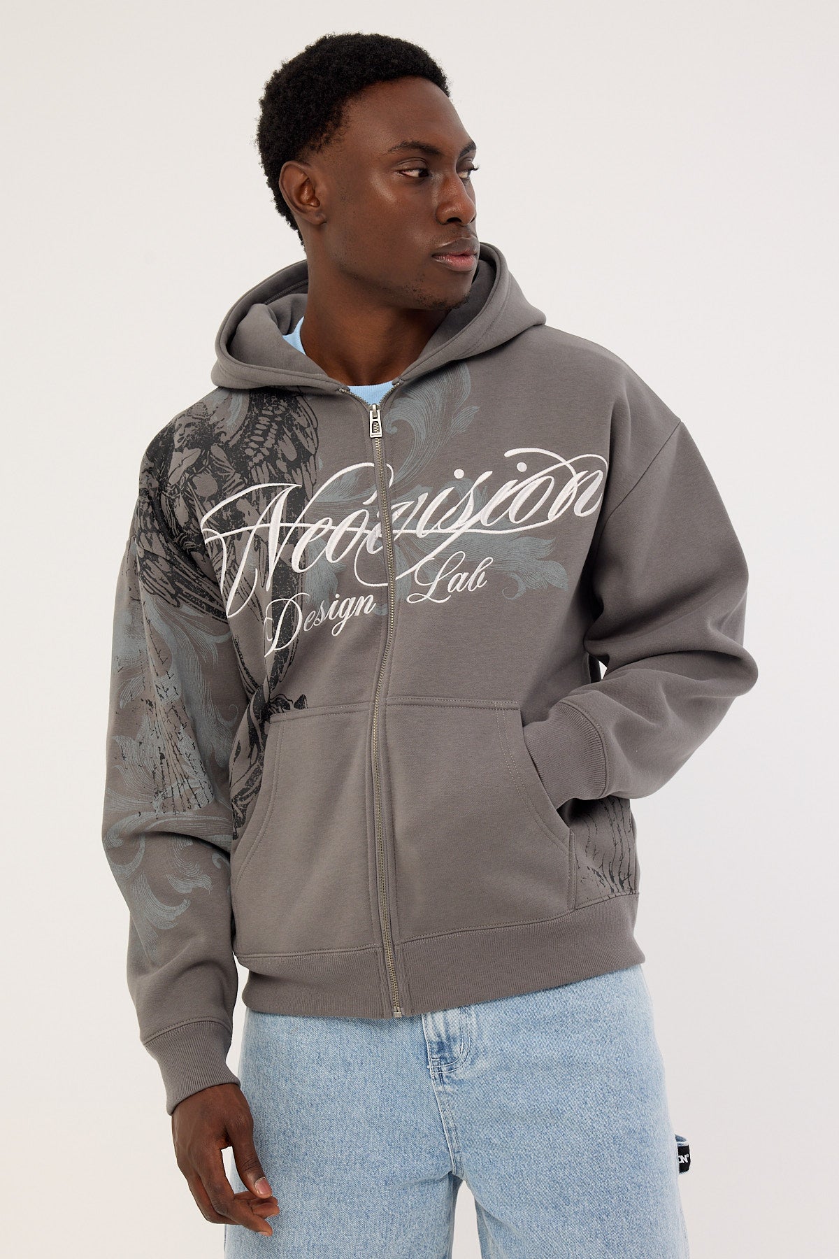 Neovision Seraph Zip Through Cropped Street Hoodie Smoke Grey