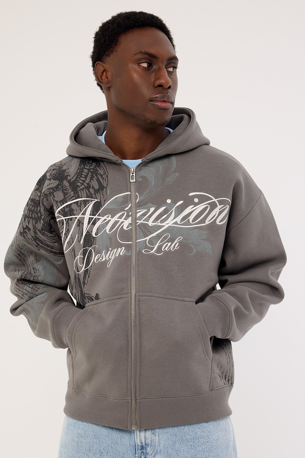 Neovision Seraph Zip Through Cropped Street Hoodie Smoke Grey