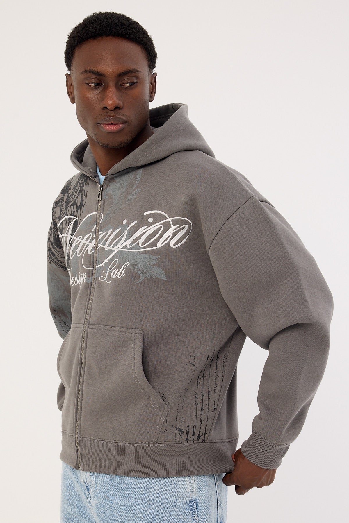 Neovision Seraph Zip Through Cropped Street Hoodie Smoke Grey