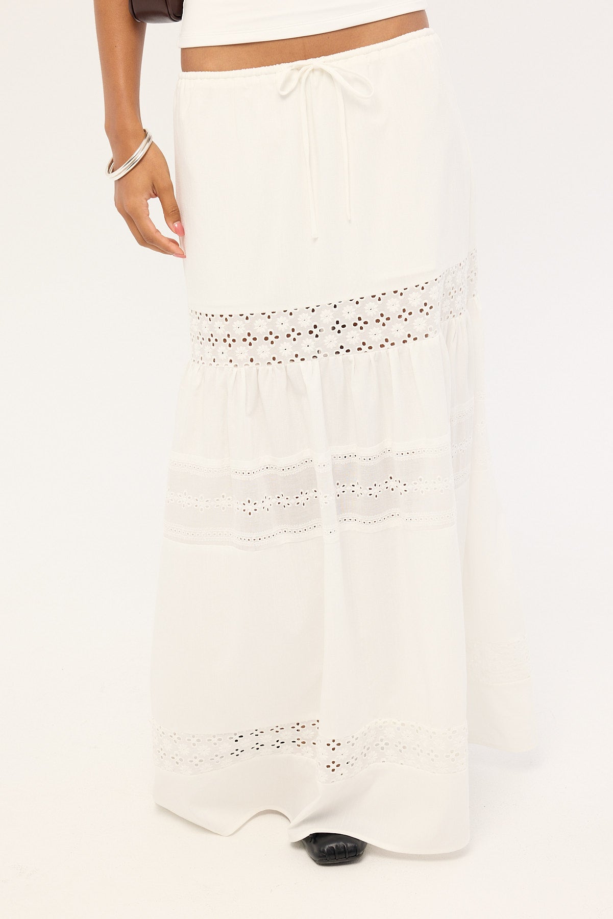 Luck & Trouble Winona Splice Broderie Maxi Skirt White