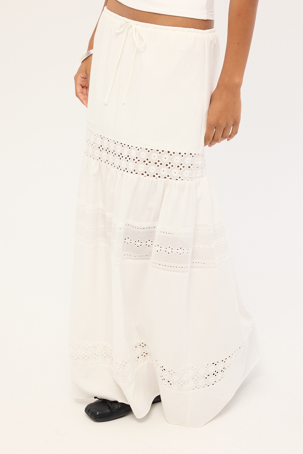 Luck & Trouble Winona Splice Broderie Maxi Skirt White