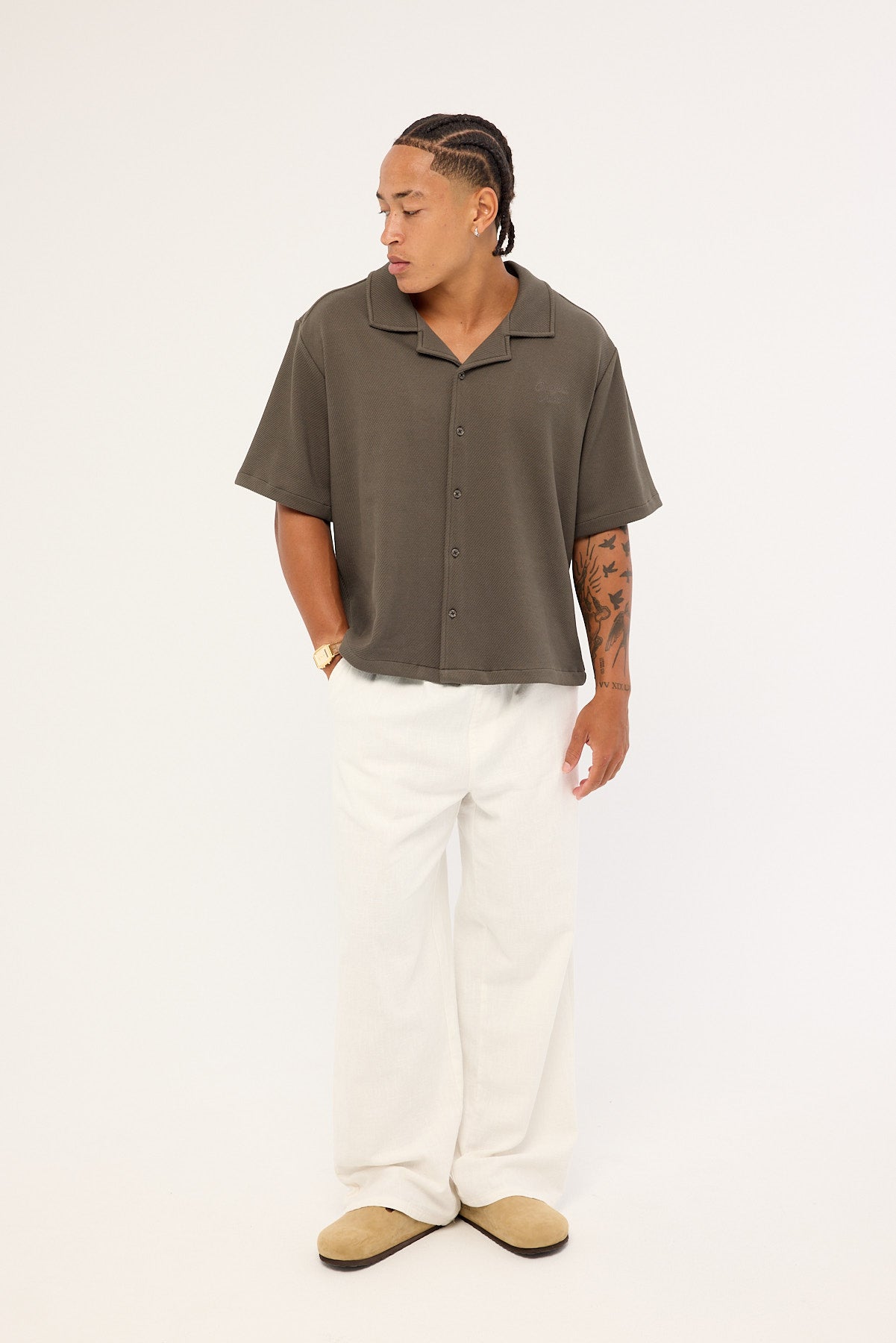 Common Need Alaric Boxy Cropped Resort Shirt Asphalt