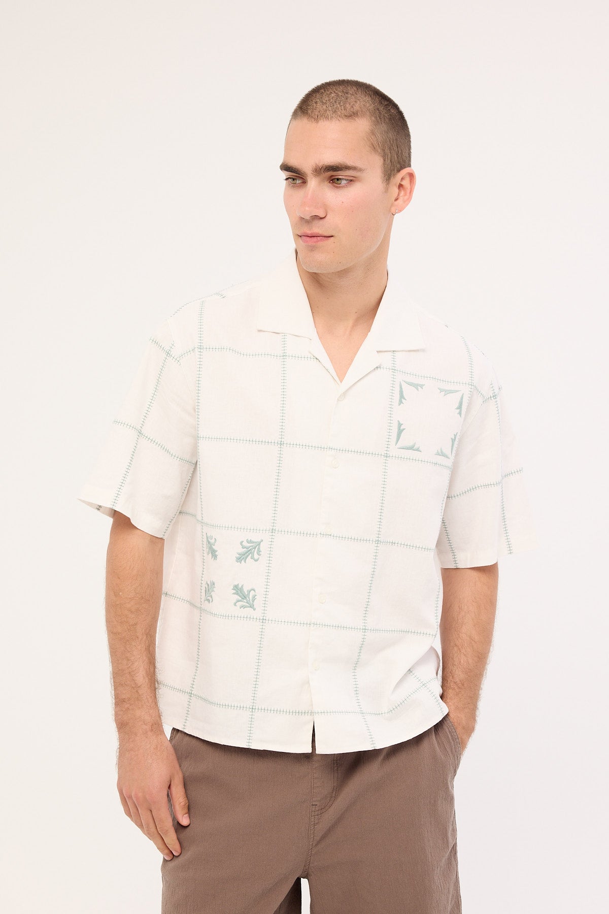 Common Need Grid Boxy Cropped Resort Shirt Off White