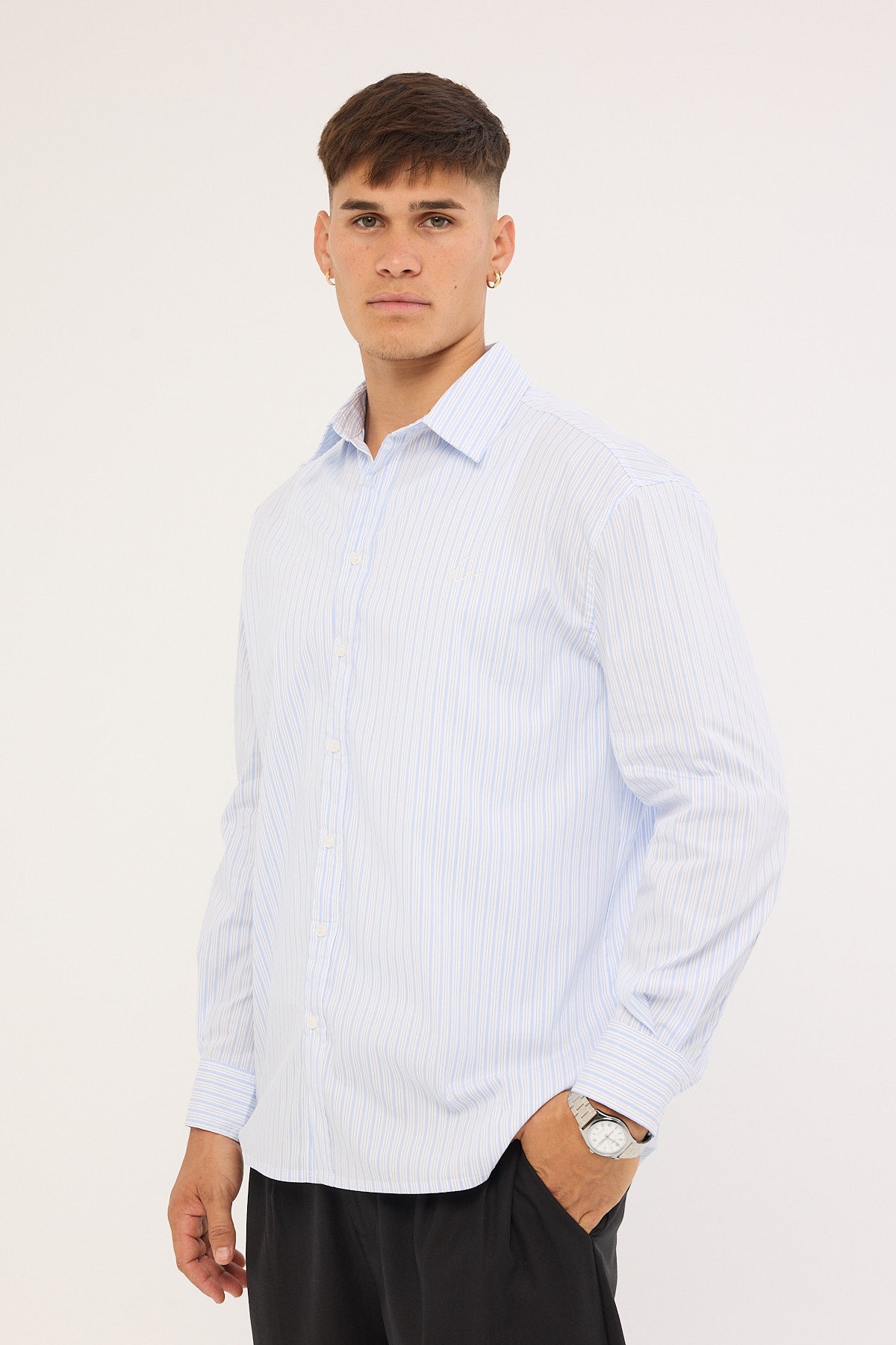 Common Need Initial Long Sleeve Shirt Blue Stripe