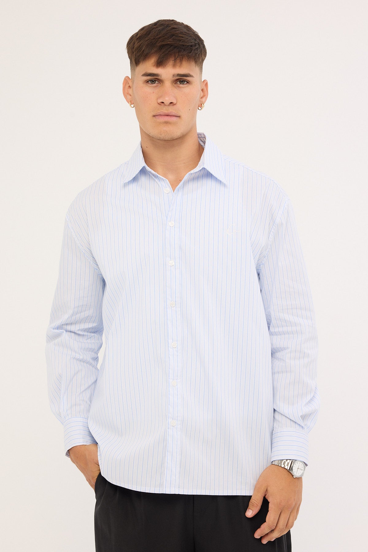 Common Need Initial Long Sleeve Shirt Blue Stripe