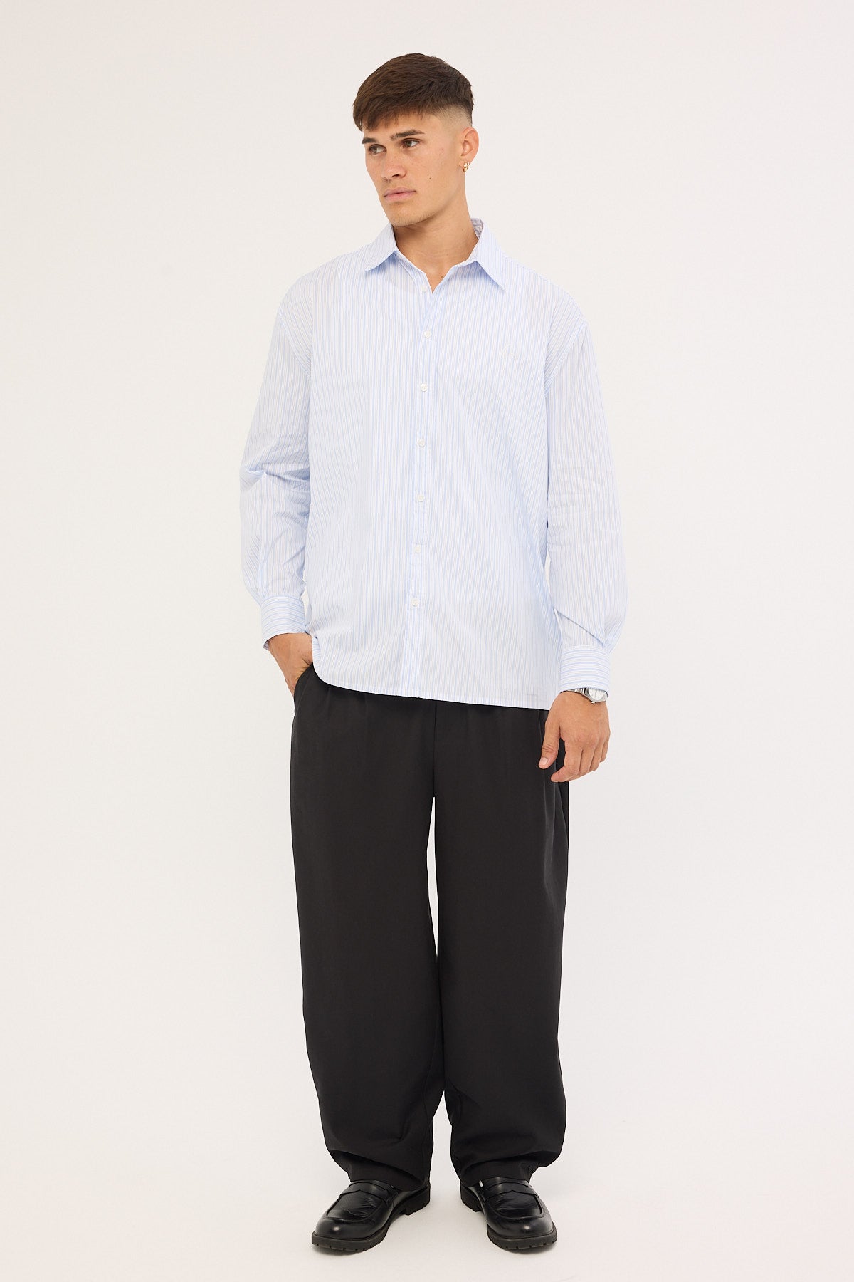 Common Need Initial Long Sleeve Shirt Blue Stripe