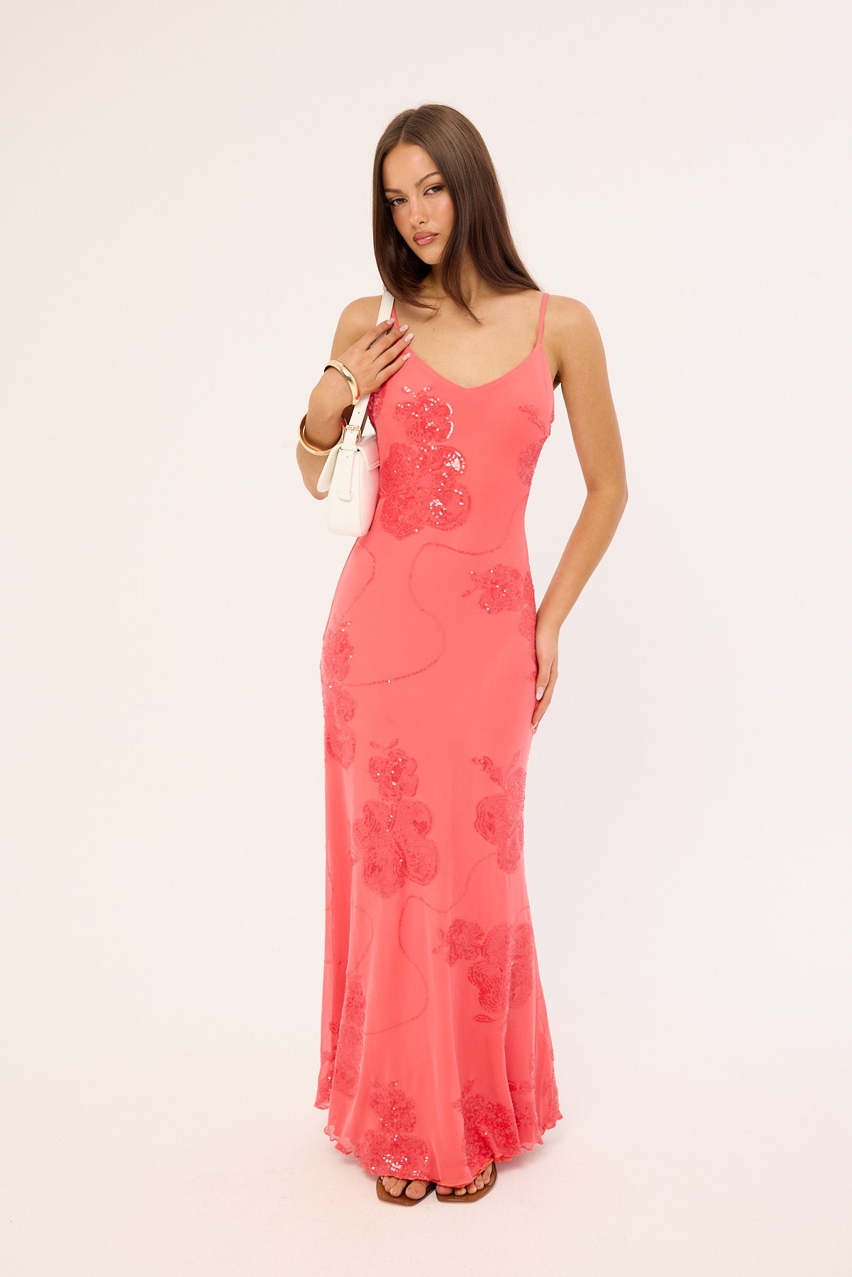 Luck & Trouble Riviera Sequin Slip Maxi Dress Coral