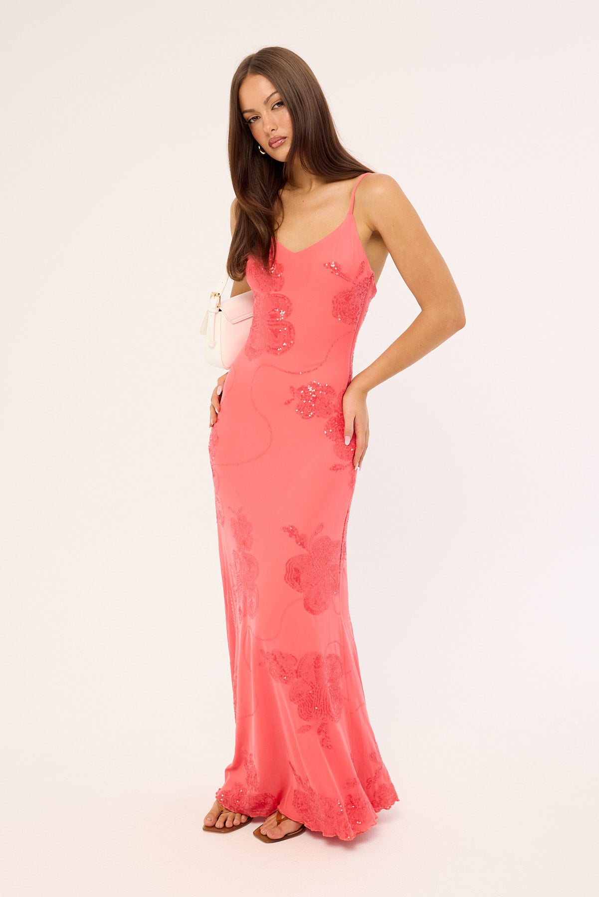 Luck & Trouble Riviera Sequin Slip Maxi Dress Coral