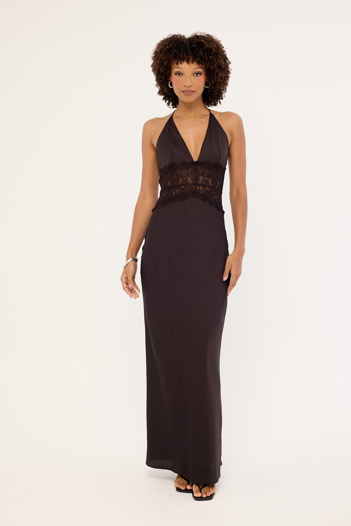 Luck & Trouble Rietta Lace Halter Maxi Dress Dark Brown