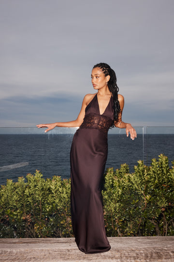 Luck + Trouble Rietta Lace Halter Maxi Dress Dark Brown