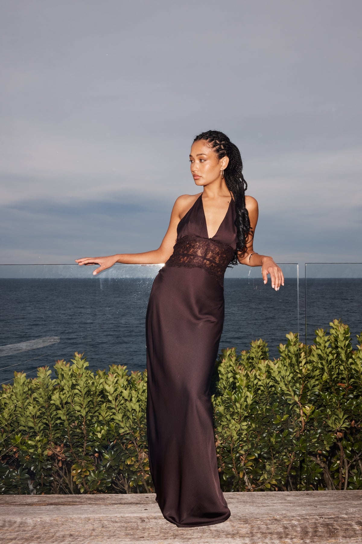 Luck & Trouble Rietta Lace Halter Maxi Dress Dark Brown