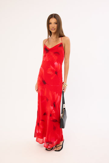 Luck + Trouble Mindy Halter Slip Maxi Dress Red Print