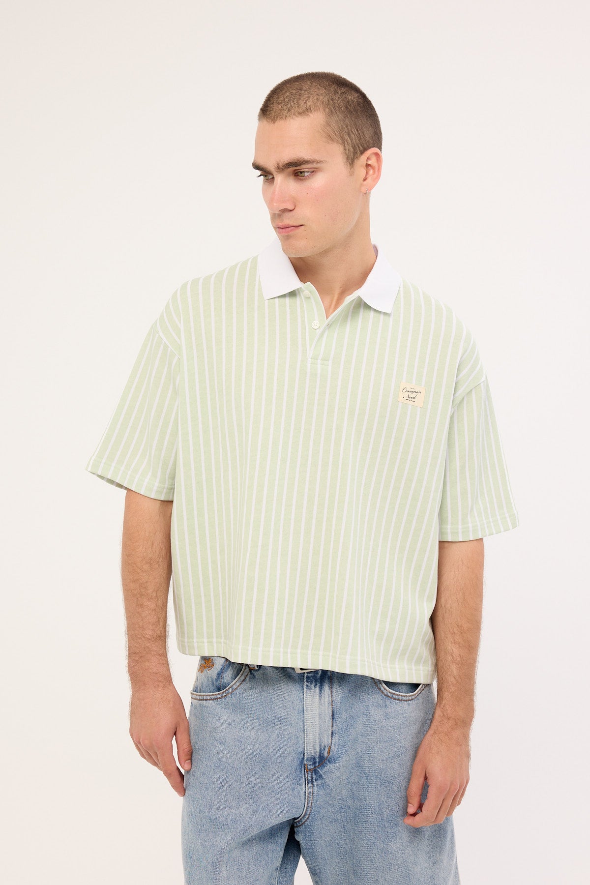 Common Need Eton Boxy Cropped Polo Sage Stripe