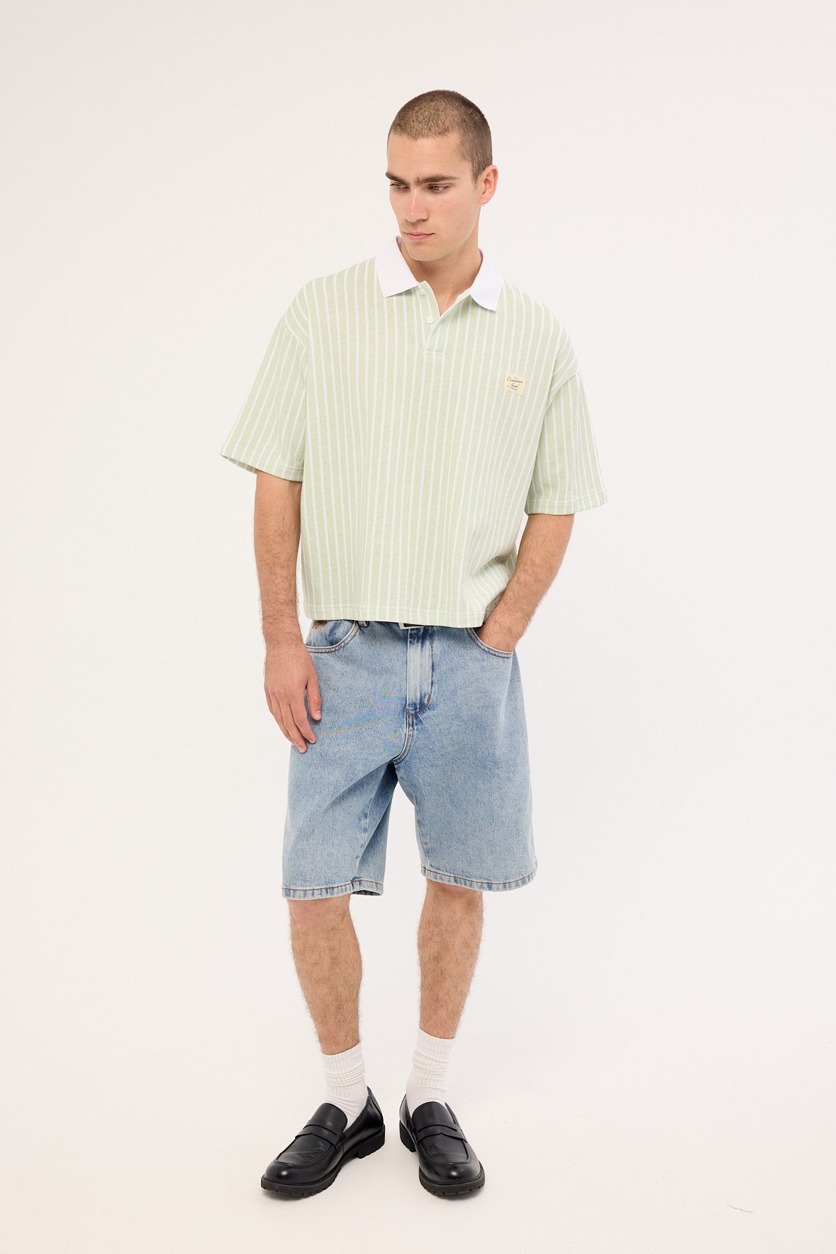 Common Need Eton Boxy Cropped Polo Sage Stripe