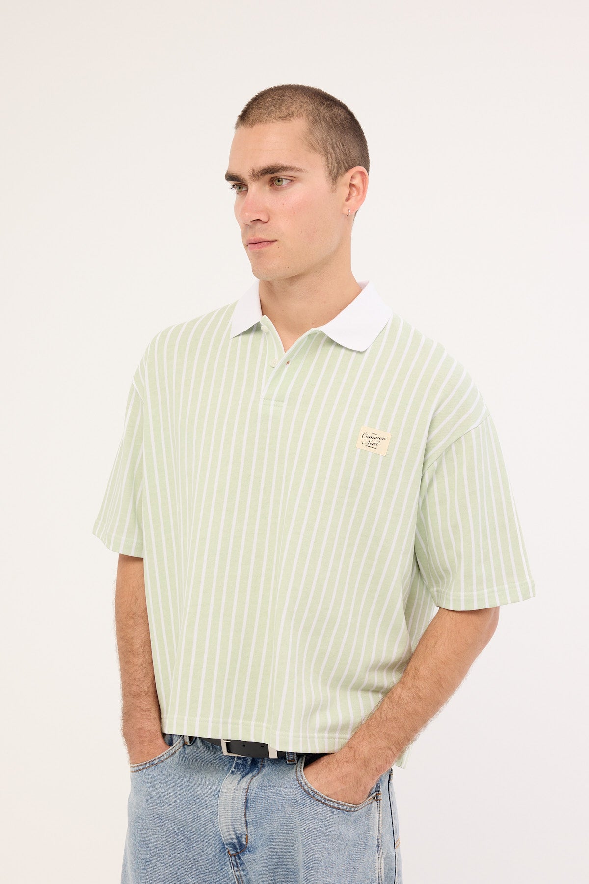 Common Need Eton Boxy Cropped Polo Sage Stripe