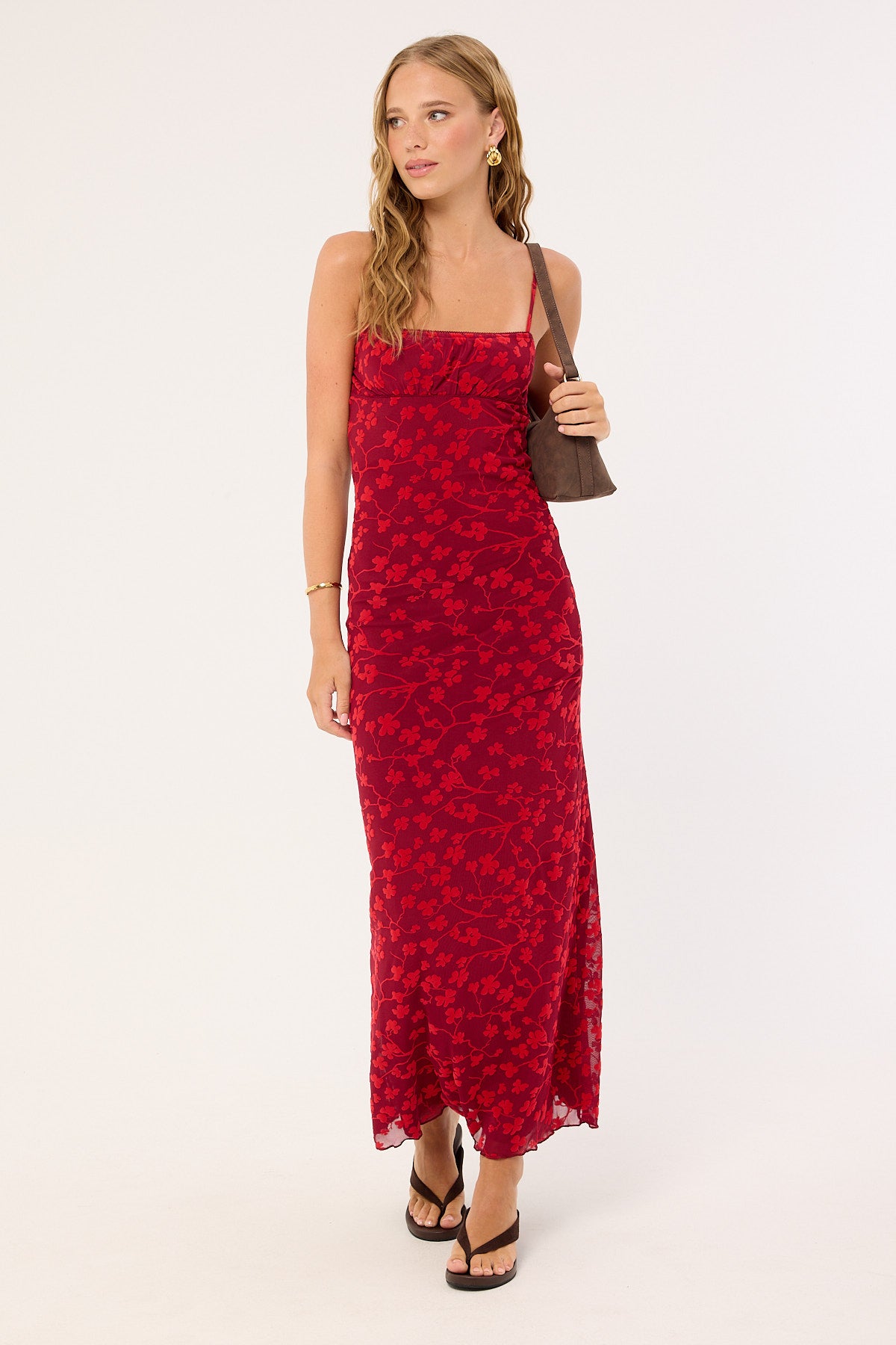 Motel Darsih Cami Maxi Dress Red Grunge Floral Flock