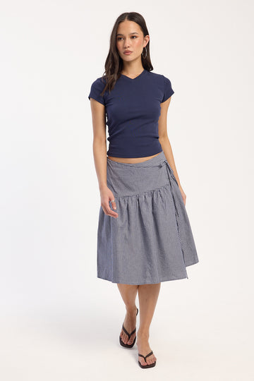 Perfect Stranger Mysti Wrap Midi Skirt Navy Stripe