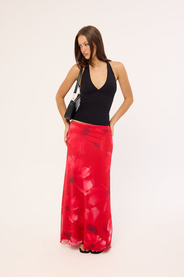 Luck + Trouble Mindy Mesh Floral Maxi Skirt Red