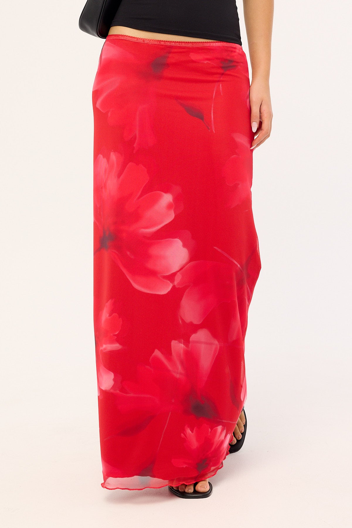 Luck & Trouble Mindy Mesh Floral Maxi Skirt Red