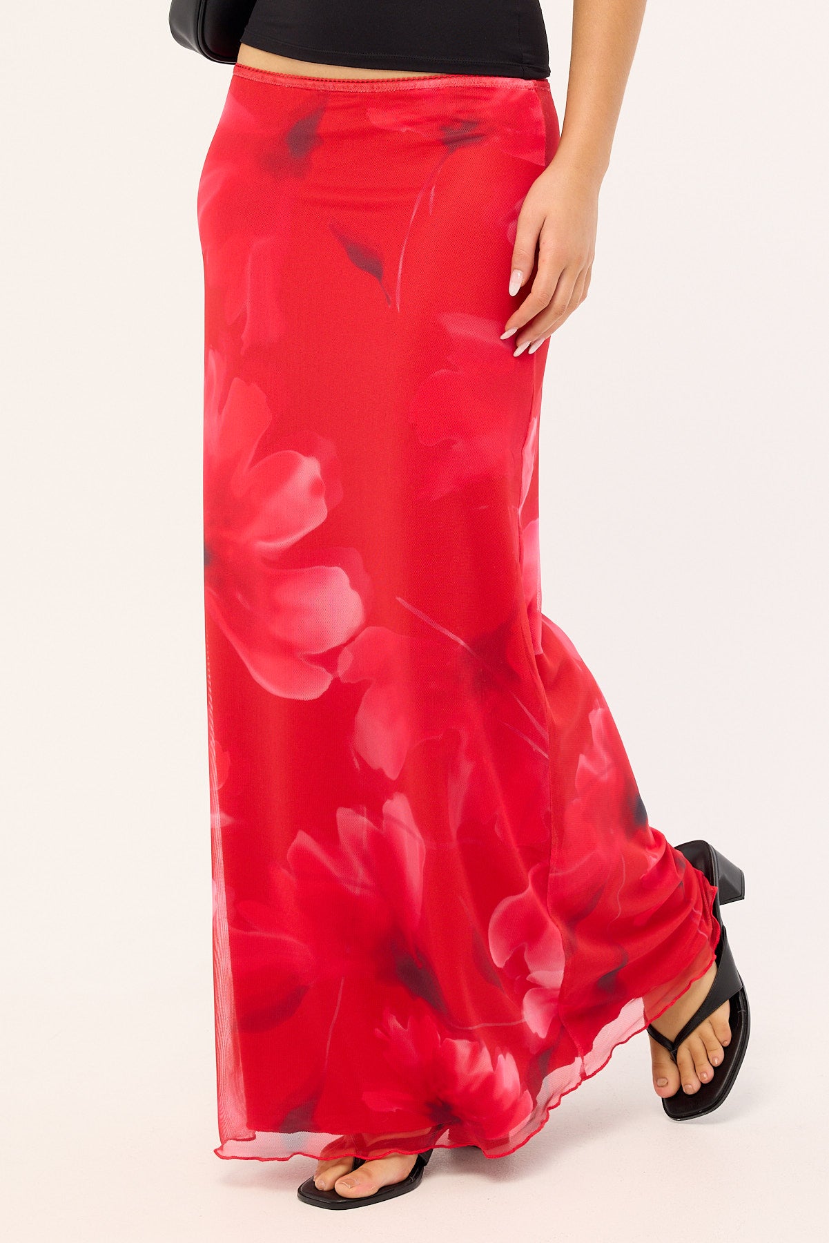Luck & Trouble Mindy Mesh Floral Maxi Skirt Red