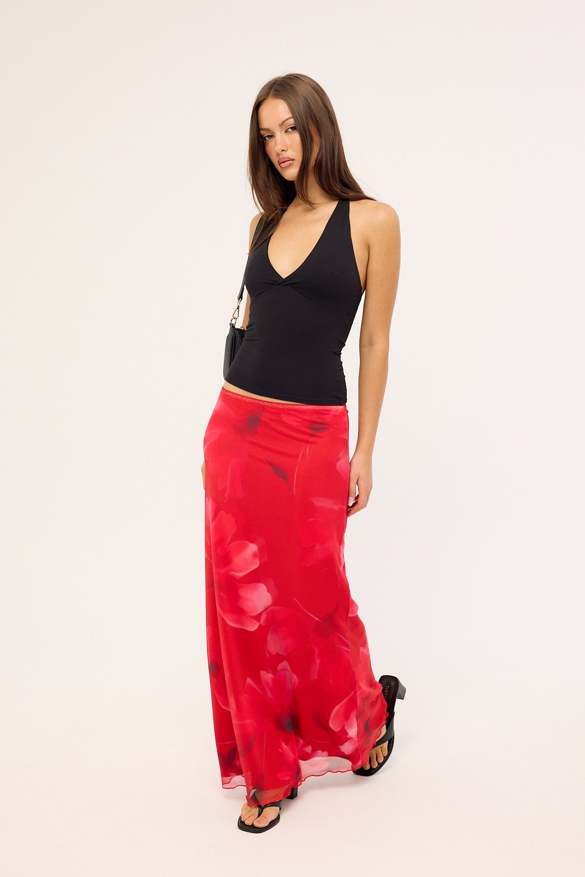 Luck & Trouble Mindy Mesh Floral Maxi Skirt Red