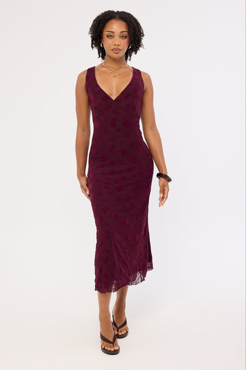 Luck + Trouble Gia Flocked Midi Dress Dark Burgundy