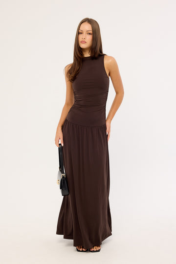Perfect Stranger Camille High Neck Maxi Dress Brown