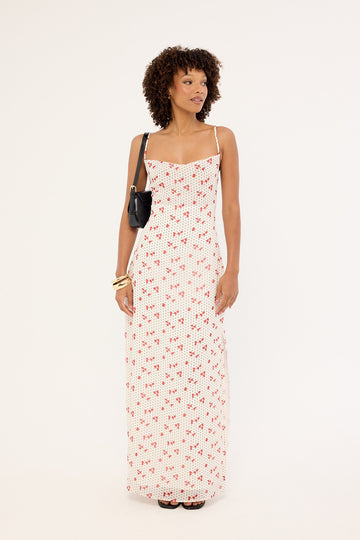 Luck + Trouble Daisie Polka Lace Up Maxi Dress Off White Print