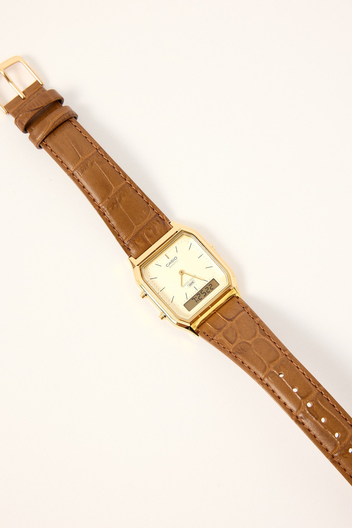 Casio AQ230EGL-9 Duo Watch Gold/Tan Croc PU Strap Universal Store Casio AQ230EGL-9 Duo Watch Gold/Tan Croc PU Strap Universal Store