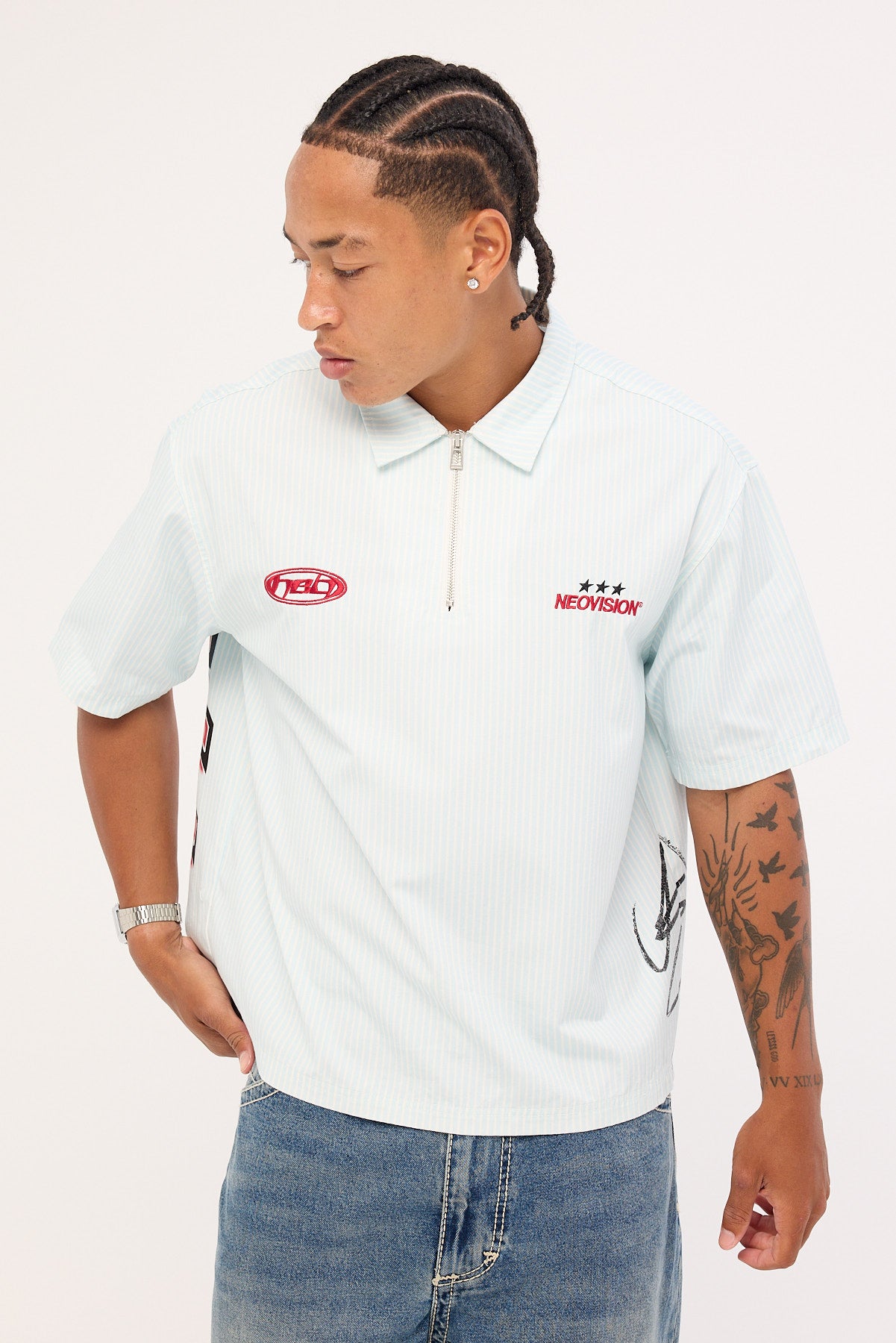 Neovision Graphite Cropped Quarter Zip Polo Blue/White Stripe