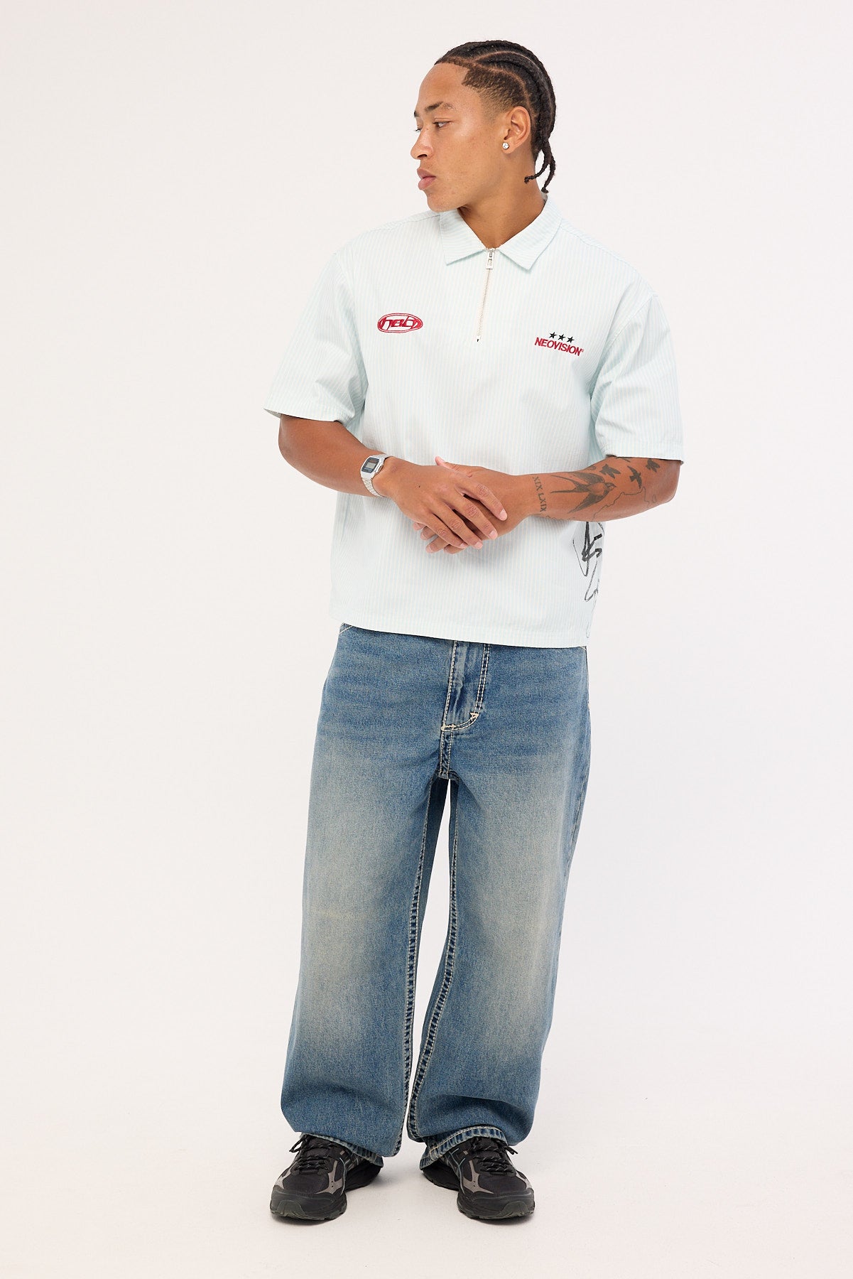 Neovision Graphite Cropped Quarter Zip Polo Blue/White Stripe