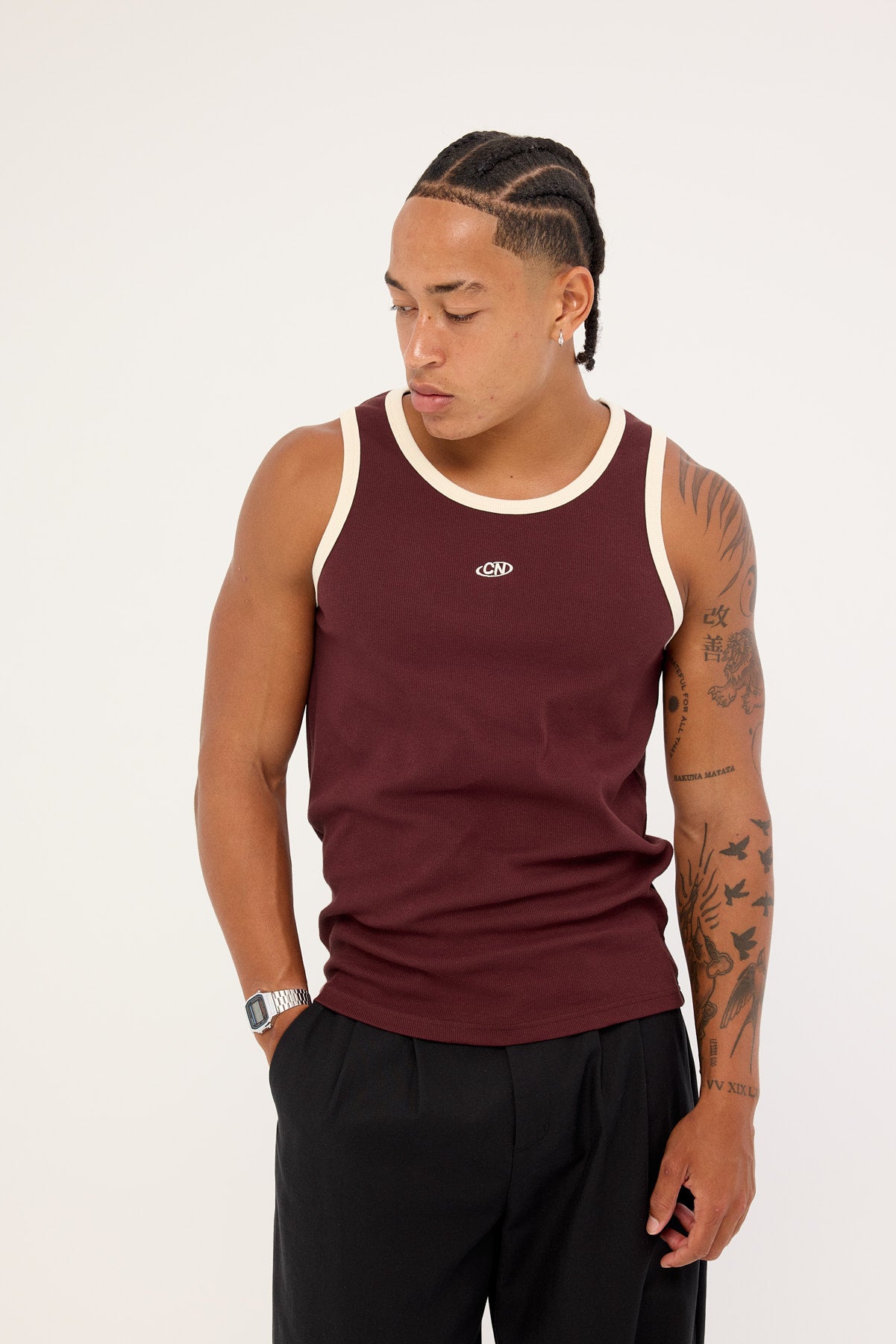 Common Need Rewind Contrast Bind Scoop Singlet Tank Burgundy