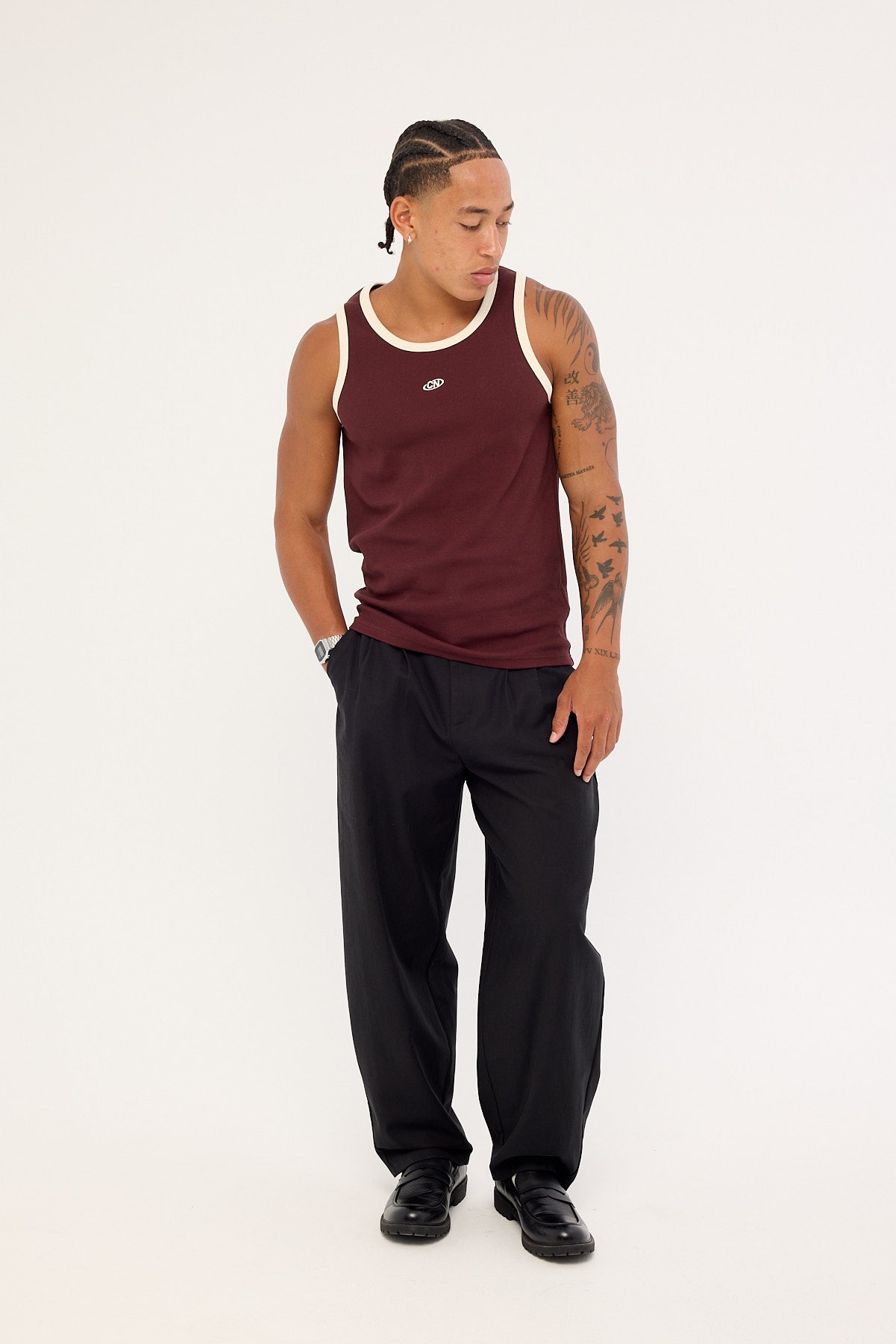 Common Need Rewind Contrast Bind Scoop Singlet Tank Burgundy