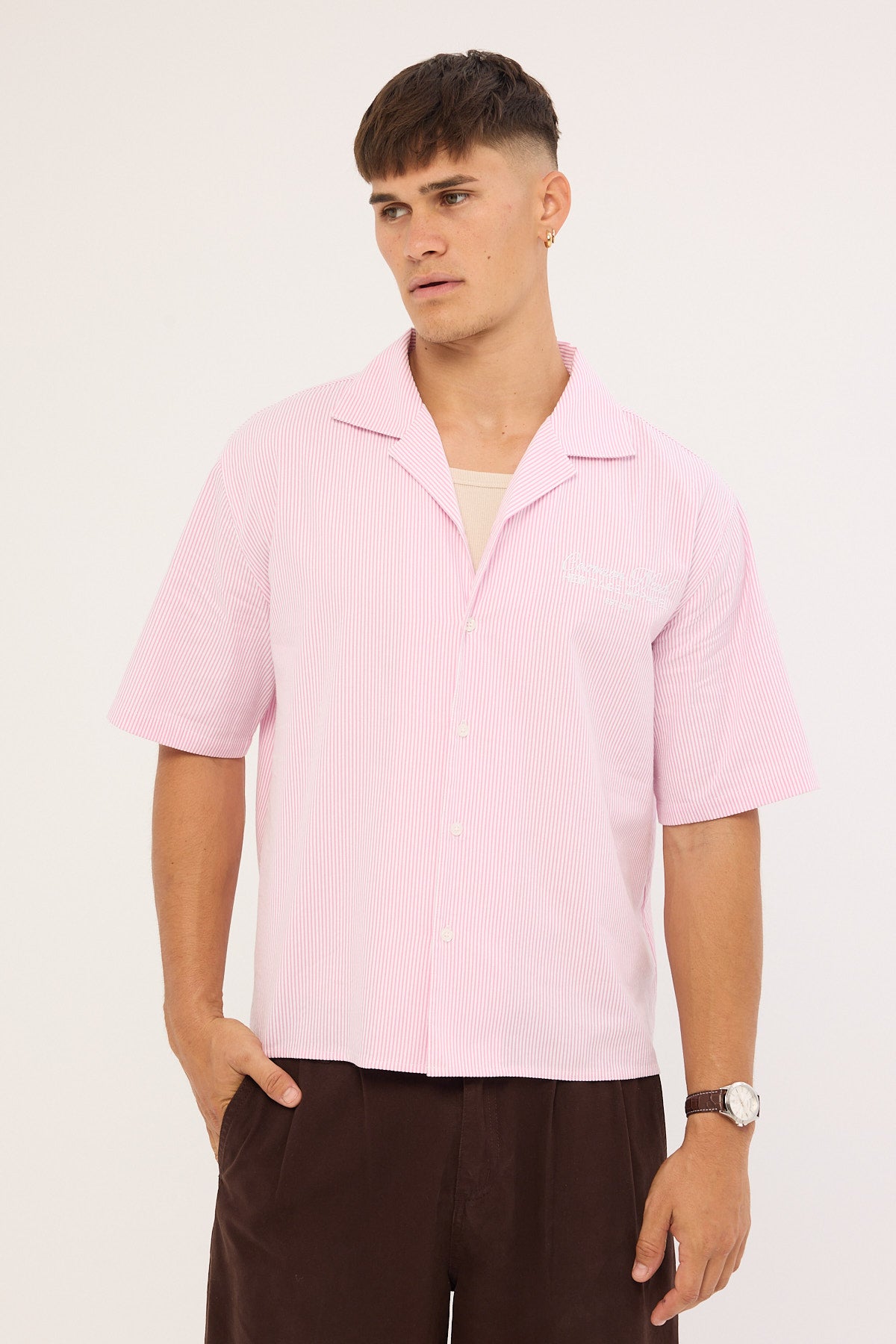 Common Need Royalty Boxy Cropped Resort Shirt Pink Stripe